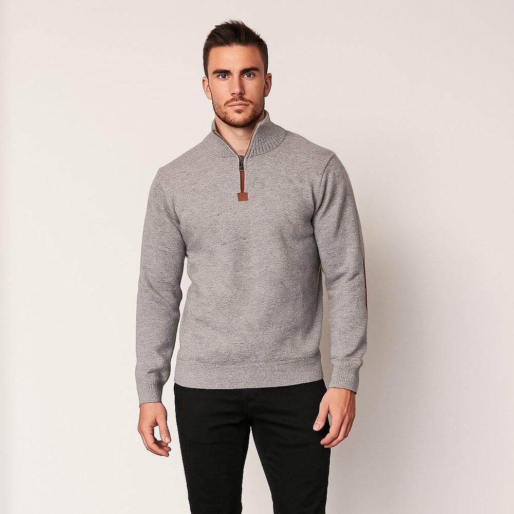 Akademiks Men L Gray Cowl Neck Pullover Sweater‎ Brown Elbow Patch VTG Retro Y2K